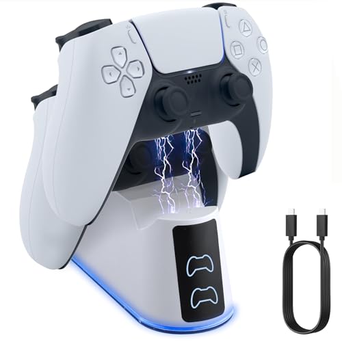 eSynic Cargador Mando para PS5 y PS5 Edge con Iluminación Ambientales Geniales e Indicadores de Luz LED Base de Carga con Cable para PS5 Carga Rápida de 2.5H para PlayStation 5