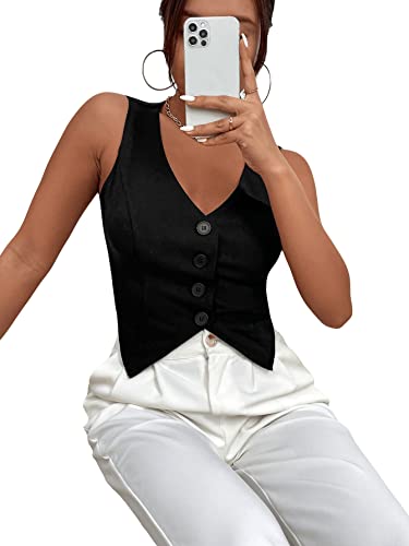 Sweatyrocks Women's Asymmetrical Hem Button Front Crop Vest Blazer V Neck Sleeveless Crop Tank Top For Women Black L #TOP4