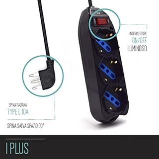 Multipresa a 3 Posti, Ciabatta Elettrica con 3 Prese Italiane 10/16A e Schuko/Tedesche - Spina Italiana 10A - Potenza 250V/2500W - Cavo da 1,5 Metri, Prese Angolate a 45°