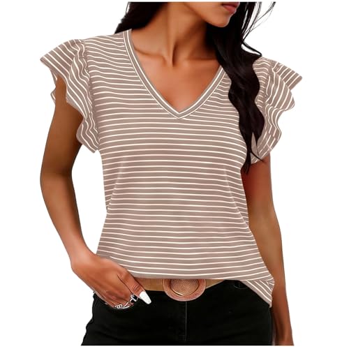 Womens Summer Tops Striped T-Shirts Fashion Ruffle Short Sleeve V Neck Casual Blouses Dressy Work Vacation Basic Tees Khaki