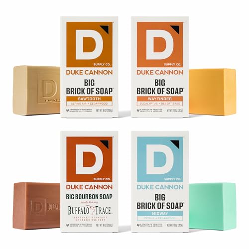 Image of Duke Cannon Supply Co. Large Bar Soap Bundle for Men, 10 oz Each (4 Pack) - Sawtooth, Wayfinder, Bourbon & Midway Scents - USA Made Big Brick Soap, All Skin Types