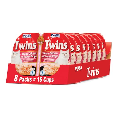 INABA Twins for Cats, Side Dish/Topper Cups, 1.23 Ounces per Serving, 16 Servings, Tuna & Chicken with Salmon Recipe
