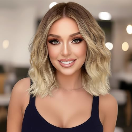 Eawwii Brown to Blonde Short Wavy Wig for Women Lace