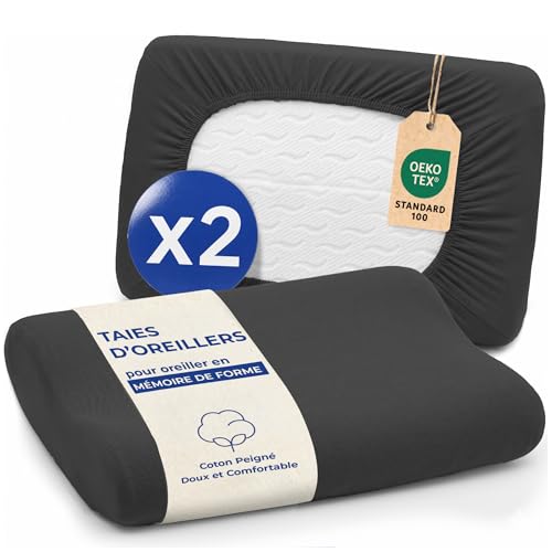 Dreamzie Lot de 2 Housses de Coussin Ergonomique - 95% Coton, 5% Élasthanne - Taie Oreiller Ergonomique Lavable - Noir, 40-50 x 60-75cm