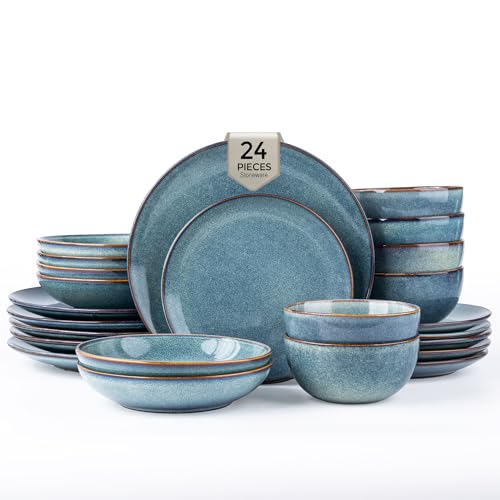 Image of GBHOME Dinnerware Sets For 6, 24Pcs Stoneware Plates and Double Bowls Sets, Dishwasher&Microwave Safe