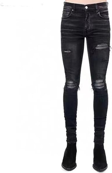 Amazon.com: Hip Hop Arrugas Jeans de los Hombres de Moda de Cuero Patchwork  Slim Fit Rasgado Jeans Pantalones Cuatro Temporadas Jeans, Negro, : Ropa,  Zapatos y Joyería