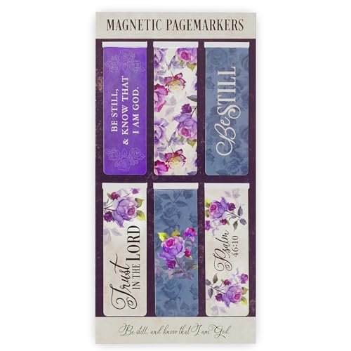 Christian Art Gifts Magnetic Scripture Bookmark Set for Women: Be Still and Know - Psalm 46:10 Inspirational Purple Rose Magnetic Bible Verse Pagemarker Set of 6 for Bibles and Books Size 2.3 x 0.8