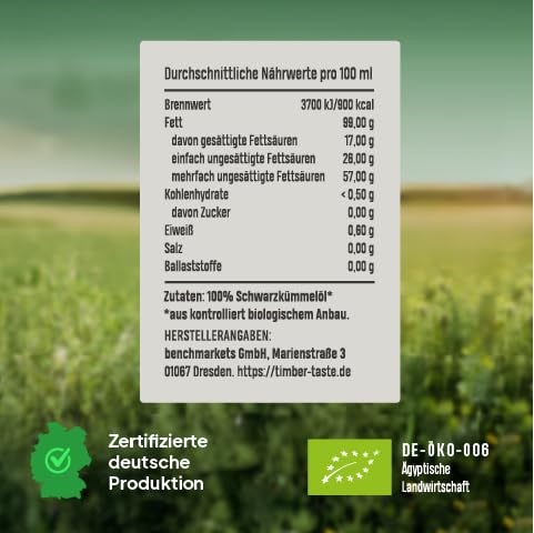Premium Schwarzkümmelöl Bio (50ml) - Extra hoher Tymochinon Gehalt (10.000mg / kg) - Schwarzkümmel Öl ungefiltert kaltgepresst aus deutscher Ölmanufaktur