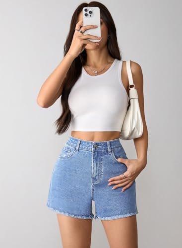 Pink Queen Women's Summer Jean Shorts 2026 Fashion Frayed Ripped Denim Shorts Casual Star/Bow Frayed Hem Hot Shorts with Pockets Light Blue S — view 6