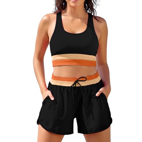 Tankini pour femme short de bain maillot 2 pièces sport d'été couleur unie