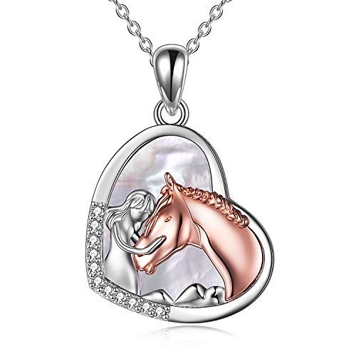 YFN Collier Fille et Cheval pour les Filles Bijoux de Cheval en Argent Sterling Cadeaux de Cheval pour les Femmes (Collier de Cheval en or) (Rose-Mother of Pearl) Cover