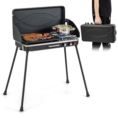 HAPPYGRILL 2-Burner Propane Camping Stove, Portable Gas Grill Cooker with Removable Leg Stand, Roast Grill, Dual Control Knobs, Wind Guards, Outdoor Grill Stove for Camping BBQ Picnic
