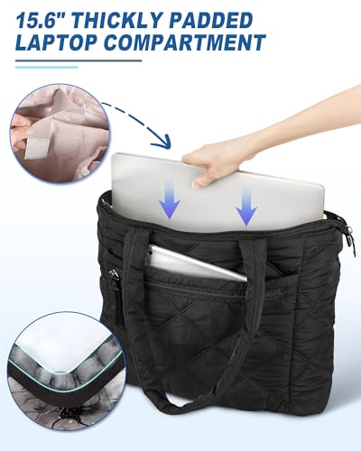 Women Quilted Puffer Work Tote Bag Compatible with Stanley Cup Holder with Laptop Compartment for College Travel3