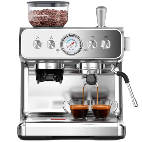 (2026 Upgrade) Espresso Machine with Grinder, Expresso Coffee Machines with Built-in Anti-Clog Coffee Grinder/Milk Steam Wand/Frother, Expresso Machines for Home Perfect Cappuccino & Latte-Silver