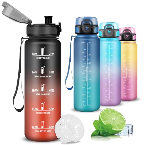 Mujigaga Borraccia 1 Litro, Borraccia Palestra, Senza Perdite, Borraccie Motivazionale, Con Scala Temporale, Borraccie Con Filtro, Facile Da Pulire, Borracce Per Sport, Fitness, Triathlon, Yoga