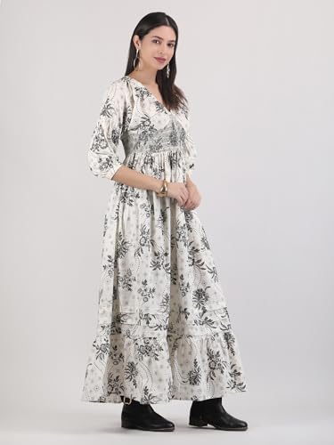 Image of Arayna Women's Casual Long Maxi Dress for Summer Wear, Urban Bohemian Floral Printed V Neck Smocked Outfit
