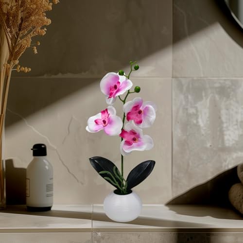 Image of CURATED CART Flower Pot with Artificial Flowers - Orchid Pink & White Flower with White Vase | Ideal for Home Decor | Office Decor | Gifting | Size 36 x 9cm