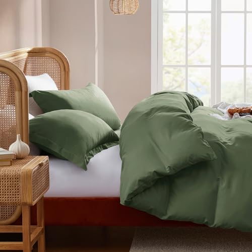 Nestl Full Duvet Cover Set with Comforter Insert - Olive Green 4 Piece 80x90 Duvet Cover & 2 Pillow Shams with White Quilted Down Alternative Comforter, Ultra Soft, All Season
