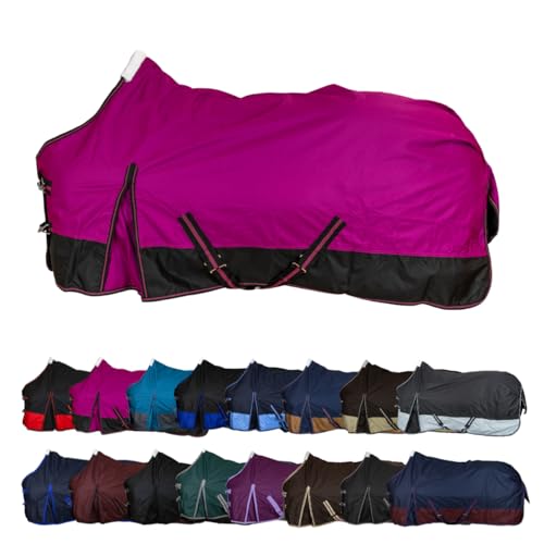 RL24 - Weidedecke 600D Basicline – Regendecke & Übergangsdecke – Wind- & wasserdichte Outdoordecke mit Innenfutter & Kreuzbegurtung – Pferdedecke in Beere/Schwarz – 135cm (Polarfleecefutter)