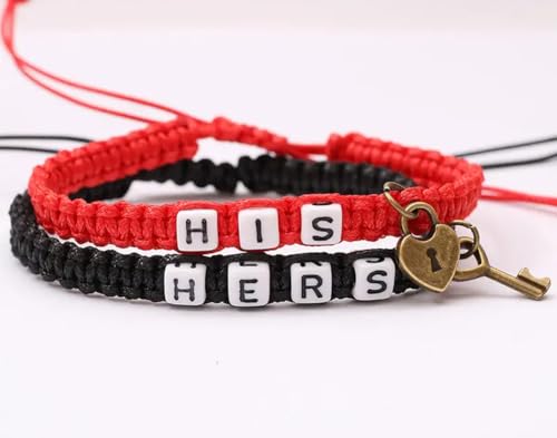 Image of AKOAK 2 Pcs HIS HERS Couple Braided Bracelet Padlock Key Pendant Hand Braided Lanyard Valentine's Day Gift Jewelry
