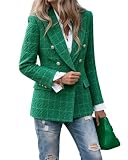 Women's Vintage Tweed Blazer Notch Collar Double Breasted Fully Lined Suit Jacket Structured Blazers Spring Work Dressy Green