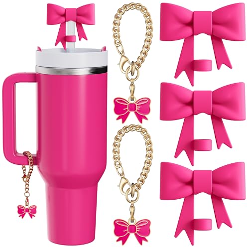 Compatible with Stanley Cup Accessories - 3Pcs 10mm Bow Straw Topper Compatible with Stanley Cup Straw Cover Cap, 2pcs Rose Red Bow Charms for Stanley 30&40 Oz Tumbler with Handle