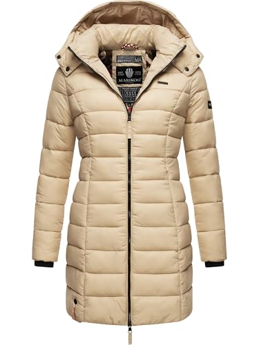 MARIKOO Damen Langer Wintermantel Warmer Steppmantel mit Abnehmbarer Kapuze Abendsternchen Beige Gr. M