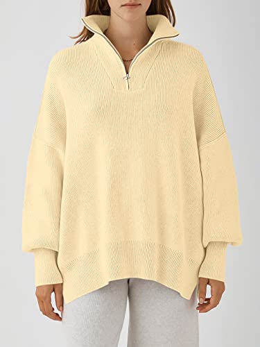 Image of ANRABESS Womens Oversized Quarter Zip Pullover Sweaters | Fall Fashion Outfits, Long Sleeve Slit Side, Baggy Loose Fit, 1 /4 Zip Lapel Collared, Ribbed Knit Soft Warm Winter Clothing