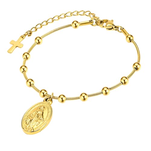 18K Gold Over Sterling Silver Italian Rosary Cross Bead Charm Link Bracelet for Women, Adjustable 925 Silver Made in Italy
