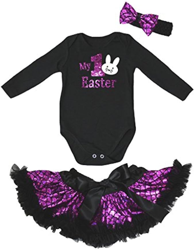 Petitebella My 1st Easter Black L/S Romper Purple Scales Baby Skirt Nb-12m