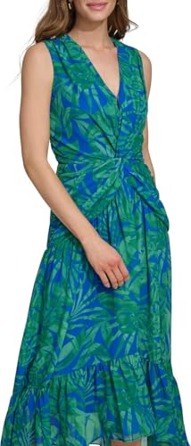 Image of DKNY Womens V-Neck Twist Front Sleeveless Dress