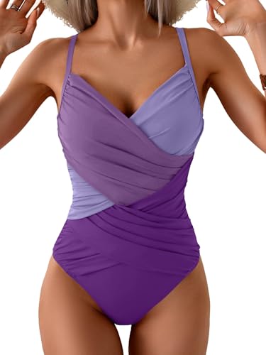 Image of B2prity Women's One Piece Swimsuit Tummy Control Criss Cross Slimming Bathing Suit Full Coverage Swim Suit V Neck Swimwear