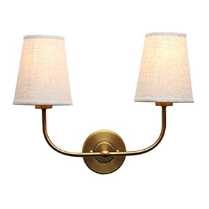 PERMO Vintage Double Sconce Antique 2-Lights with Flared Funnel Linen Beige Fabric Shade, Double Wall Sconce, Hardwired, E26 Base