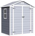 Devoko 6 x 4 FT Plastic Outdoor Storage Shed with Floor, Resin Garden Shed with Window, Outside Waterproof Tool Shed with Lockable Door for Backyard, Patio, Poolside, Light Grey