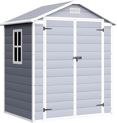 Devoko 6 x 4 FT Plastic Outdoor Storage Shed with Floor, Resin Garden Shed with Window, Outside Waterproof Tool Shed with Lockable Door for Backyard, Patio, Poolside, Light Grey