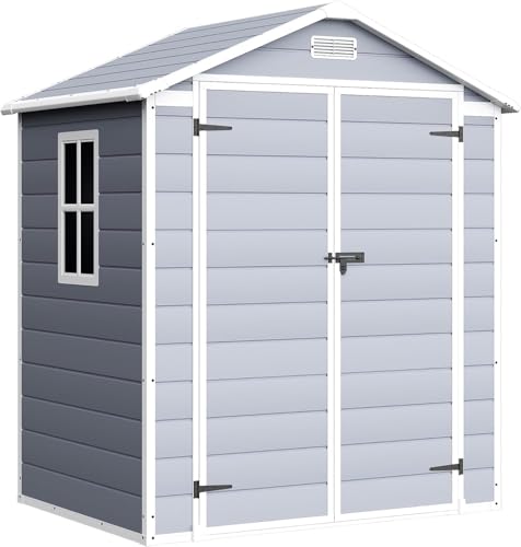 Image of Devoko 6 x 4 FT Plastic Outdoor Storage Shed with Floor, Resin Garden Shed with Window, Outside Waterproof Tool Shed with Lockable Door for Backyard, Patio, Poolside, Light Grey