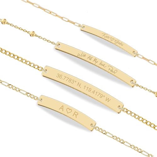 UMAGICBOX Personalized Gold Bar Bracelet for Women - Custom Engraved Inspirational Words, Dates, or Names - Adjustable - Gift Box Included - Jewelry for Anniversary, Birthday