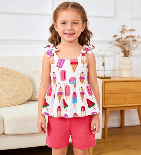 Image of Toddler Girls Clothes Summer Short Set Outfit Tie Knot Shoulder Sleeveless Ruffle Tops and Shorts 2PC Clothing Set