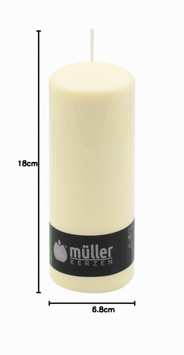 Müller Kerzen - Lot de 6 Bougies Piliers Ivoire - Ø 68 x 180 mm - 60 Heures Longue Durée - Cire Non Parfumées, Ne Coulent Pas, Sans Fumée - Bougie Deco Pour la Maison, Mariage - Qualité RAL