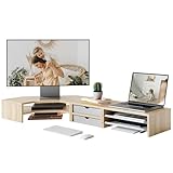 【Construction Robuste】Le bureau est fabriqué en MDF durable, les tiroirs en acrylique dépoli et les plateaux en métal. Chaque module peut supporter jusqu'à 25 kg. Même lorsqu'il accueille deux moniteurs, une imprimante et des haut-parleurs, le monitor stand reste stable et ne vacille pas, offrant une fiabilité à long terme pour une utilisation au bureau ou à la maison.