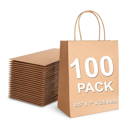Image of Aakriti Craft Paper Bags, Rakhi Gift Bags with Handles, Small Craft Shopping Bags in Bulk for Boutiques, Small Business, Retail Stores, Gifts & Merchandise (BROWN-100PCS, Mini: 8.5 inch x 7 inch x 3.5 Inches)