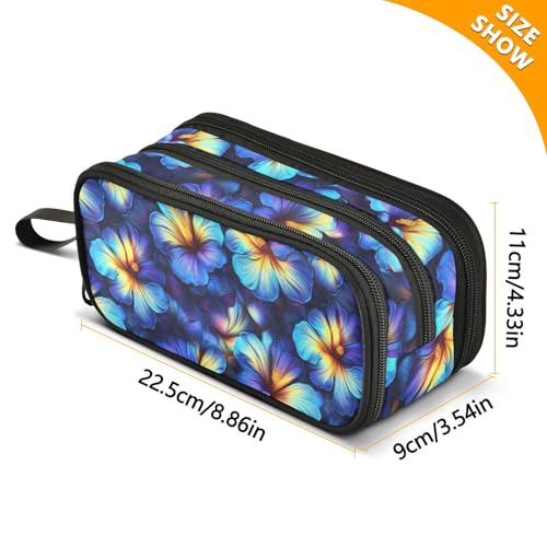 Image of ALAZA Vibrant Blue Hibiscus Flowers Large Pencil Case, Pen Pouch Pencil Bag with 3 Compartments Pen Holder Organizer Stationery Bag