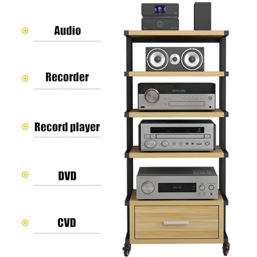 5-Poziomowa Mobilna Szafka Na Sprzęt Audio Z Kółkami I Szufladami, Stojak Na Sprzęt Audio Do Salonu, Studia Gier I Nagrań, Metal I Płyta Mdf – Organizer Do Rozrywki