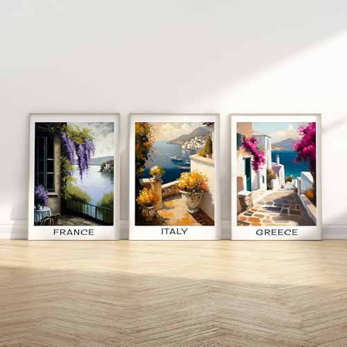 Sfwarmart Travel to France Italy Greece Wall Art Canvas Painting Vintage Beach Posters Seascape Home Room Decoration Gift 12x16inchx3pcs unframed