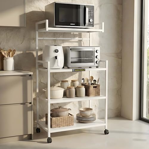 Image of 4-Tier Microwave Oven Stand with Wheels | Heavy-Duty Metal Kitchen Storage Rack for Microwave, OTG, Air Fryer & Appliances | Multipurpose Organizer Trolley (MS 4 White)