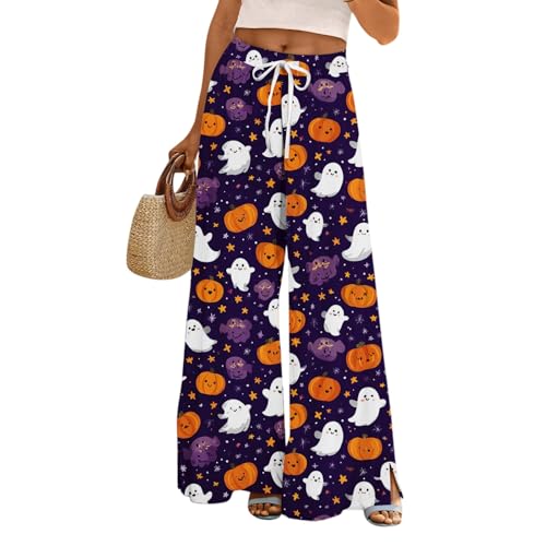Boho Wide Leg Pants for Women Flowy Drawstring Floral Palazzo Pants Baggy Tropical Hawaiian Pull on Beach Pant