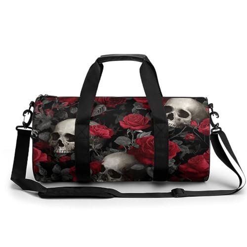 Bolsa de viaje cilíndrica con estampado de calaveras y rosas rojas
