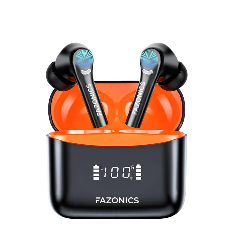 FAZONICS Quickpods M50 PRO True Wireless Earbuds Bluetooth 5.3 ANC+ENC Clear Call 36H Playback IPX5 Waterproof with USB-C LED Power Display Charging Case in-Ear Buds for iPhone/Android (BLACK-ORANGE)