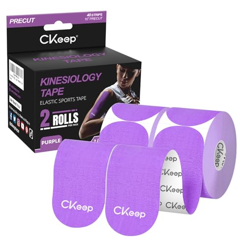 Image of CKeep Kinesiology Tape, 2 Rolls 2 Inch Wide Elastic Precut Strips, Purple | Cotton Latex Free Hypoallergenic Breathable Athletic Tape, Sticky & Waterproof Kinetic Tape for Joint Support Injury & Sprain