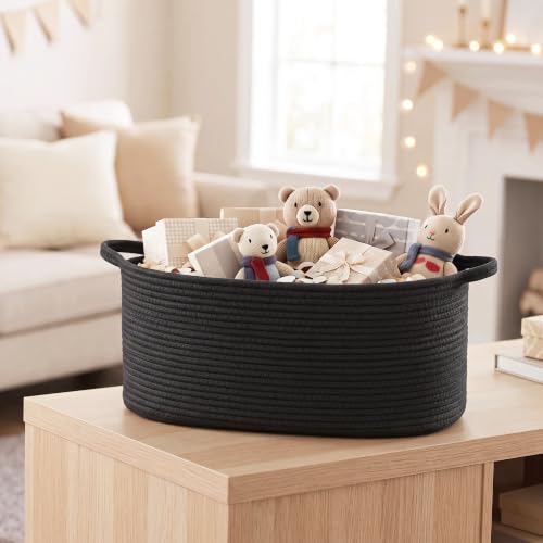 Image of Large Woven Gift Basket Empty, Cotton Rope Storage Bin with Handles, Dog Toy Box, Baby Nursery Organizer Bin, Decorative Shelf Basket for Laundry, Blanket Storage, Black, 19.6 inchx11 inchx7.8 inch